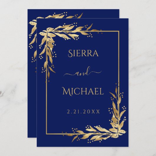 Invitation Bleu Marine | Mariage de feuillage d'Eucalyptus d' (Devant / Derrière)