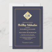 Invitation Bleu Marine | Mariage de modèle Floral Or (Devant)