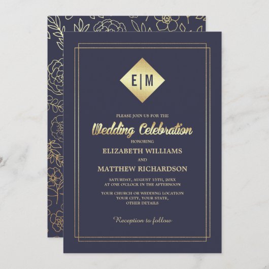 Invitation Bleu Marine | Mariage de modèle Floral Or (Devant / Derrière)