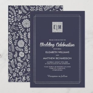 Invitation Bleu Marine Mariage floral argenté