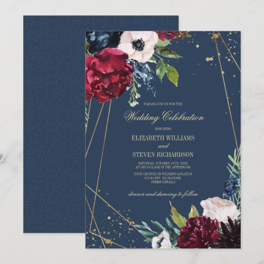 Invitation Bleu Marine | Mariage géométrique floral de Bourgo (Devant / Derrière)