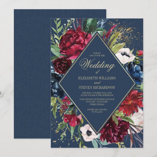 Invitation Bleu Marine | Mariage géométrique floral de Bourgo (Devant / Derrière)