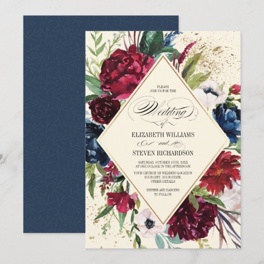 Invitation Bleu Marine | Mariage géométrique floral de Bourgo (Devant / Derrière)