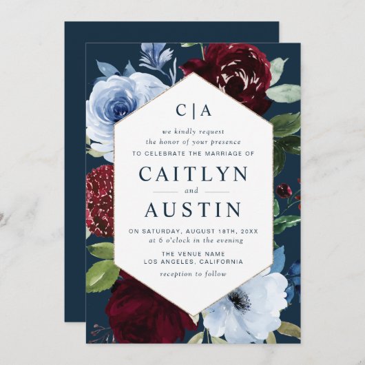 Invitation bleu marine moderne fleurs bordeaux mariage (Devant / Derrière)