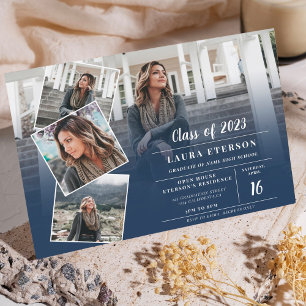 Invitation Bleu marine moderne minimaliste graduation photo