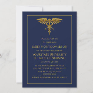 Invitation Bleu marine moderne or École d'infirmières diplômé