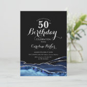 Invitation Bleu marine Noir Argent Agate 50e Anniversaire (Debout devant)