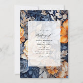 Invitation Bleu marine, orange brûlé et Mariage de fleurs de  (Devant)