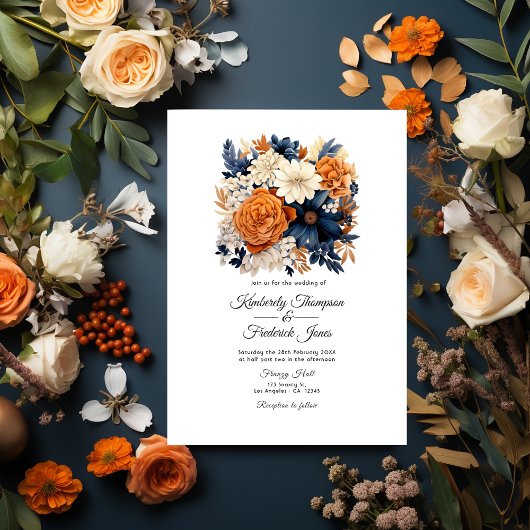 Invitation Bleu marine, orange brûlé et Mariage de fleurs de 