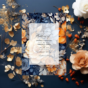 Invitation Bleu marine, orange brûlé et Mariage de fleurs de