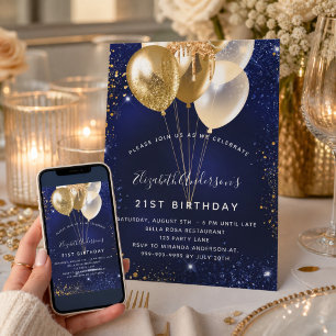 Invitation Bleu marine paillettes dorées ballons scintillants