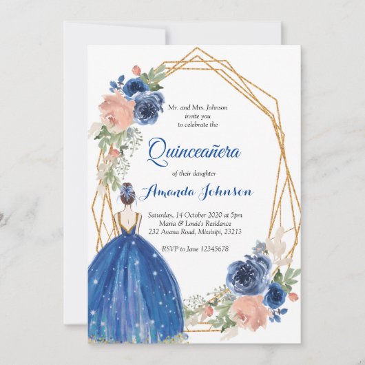 Invitation Bleu marine princesse Quinceañera espagnol 15e ann (Devant)