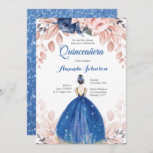 Invitation Bleu marine princesse Quinceañera espagnol 15e ann (Devant / Derrière)