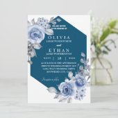 Invitation bleu marine rose et feuille (Debout devant)