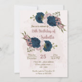 Invitation bleu marine rose fleurs botanique anniversaire (Devant)
