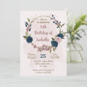 Invitation bleu marine rose fleurs botanique anniversaire (Debout devant)