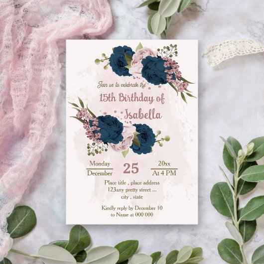 Invitation bleu marine rose fleurs botanique anniversaire