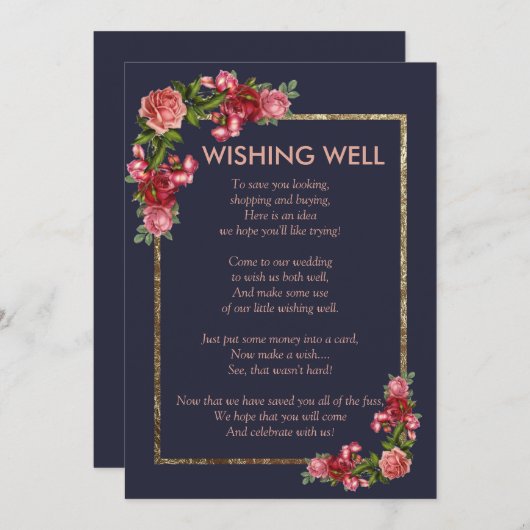 Invitation Bleu marine rose floral or puits de souhaits (Devant / Derrière)