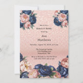 Invitation Bleu Marine & Rose Gold Floral Brunch et Bubbly (Devant)