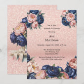 Invitation Bleu Marine & Rose Gold Floral Brunch et Bubbly (Devant / Derrière)