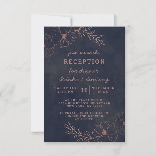 Invitation Bleu Marine & Rose Gold Foil Réception de mariage  (Devant)