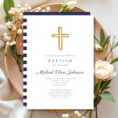 Invitation Bleu marine Script Croix religieuse garçon Baptême