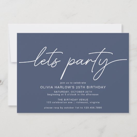 Invitation Bleu Marine | Simple moderne Script fête d'anniver (Devant)