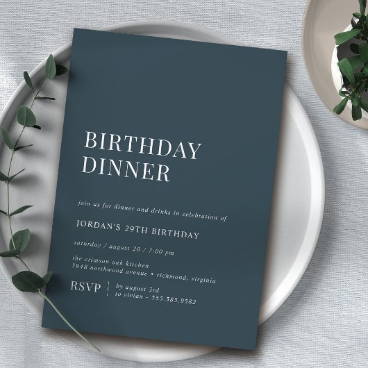 Invitation Bleu Marine | Typographie simple Dîner d'anniversa