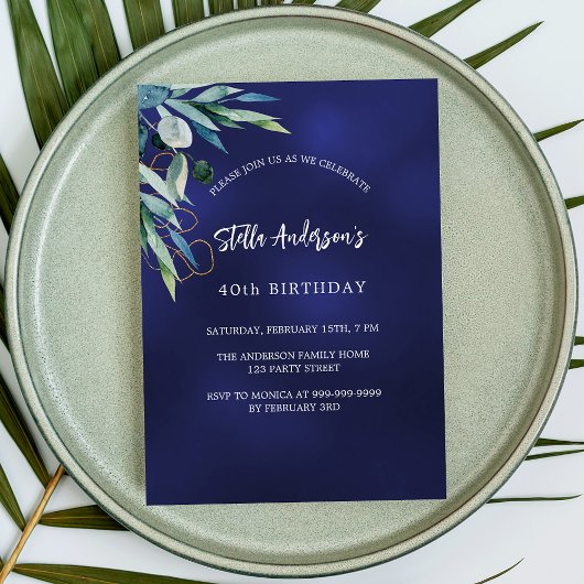 Invitation Bleu marine verdure luxe anniversaire