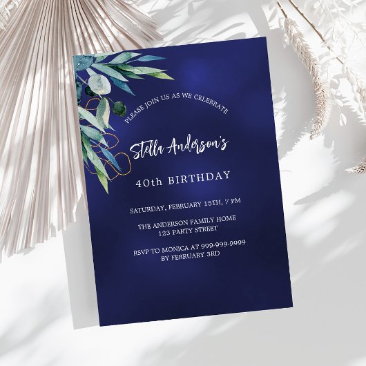 Invitation Bleu marine vert élégant anniversaire