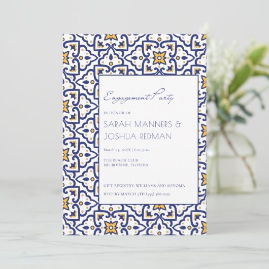 Invitation Bleu Marocain Carrelage Engagement Party Invitatio (Debout devant)