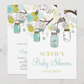 Invitation Bleu Mason jarres et Baby shower de fleurs de prin (Devant / Derrière)