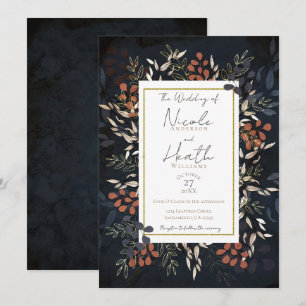 Invitation Bleu Maussade Or Gras Feuilles Botaniques Mariage