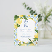 Invitation Bleu méditerranéen moderne & citrons Sauvez la dat (Debout devant)