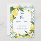 Invitation Bleu méditerranéen moderne & citrons Sauvez la dat (Devant)