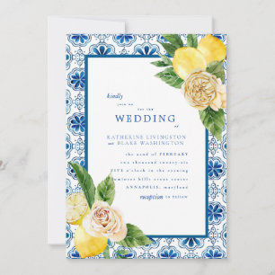 Invitation Bleu Méditerranéen Tropical et Citrons Mariage Mat