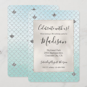 Invitation Bleu Menthe Argent Paillettes Pailletées Sirène An