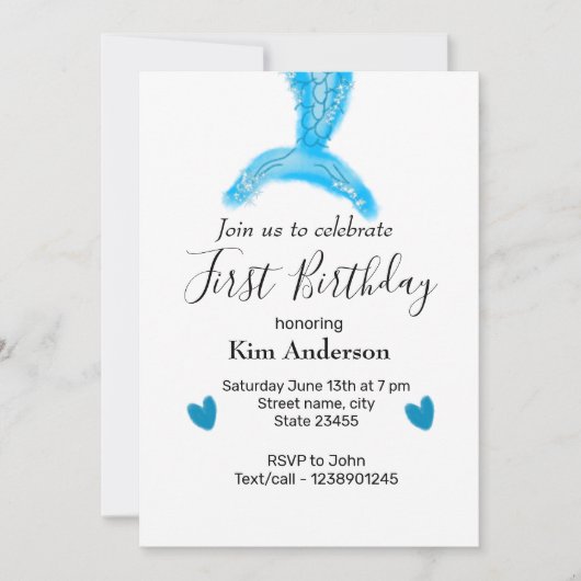 Invitation bleu mermaid aquarelle coeur ajouter nom anniversa (Devant)