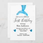 Invitation bleu mermaid aquarelle coeur ajouter nom anniversa (Devant / Derrière)