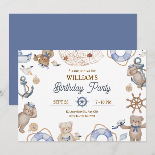 Invitation Bleu mignon anniversaire marin (Devant / Derrière)