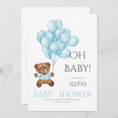 Invitation Bleu mignon baby shower Oh avec ballons d'ours en  (Devant / Derrière)