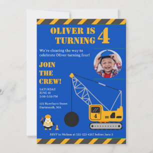 Invitation Bleu mignon Construction pour enfants Anniversaire