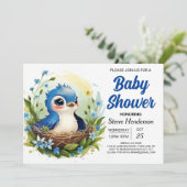 Invitation Bleu mignon Elegant Baby shower de garçon d'oiseau (Debout devant)
