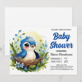 Invitation Bleu mignon Elegant Baby shower de garçon d'oiseau (Devant / Derrière)