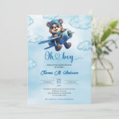 Invitation Bleu mignon et brun garçon en peluche aviateur d'o (Debout devant)