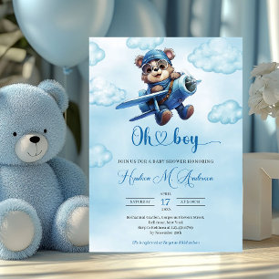 Invitation Bleu mignon et brun garçon en peluche aviateur d'o