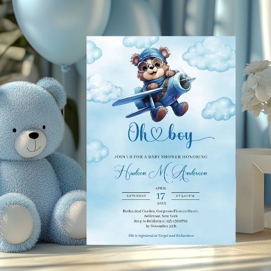 Invitation Bleu mignon et brun garçon en peluche aviateur d'o