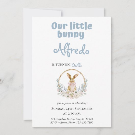 Invitation Bleu mignon lapin de Pâques anniversaire bébé (Devant)