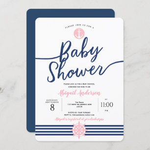 Invitation Bleu mignon, rose et marine, Nautique, Baby shower