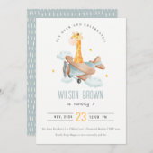 Invitation Bleu mignon Voler sur Giraffe Animal Plane Anniver (Devant / Derrière)